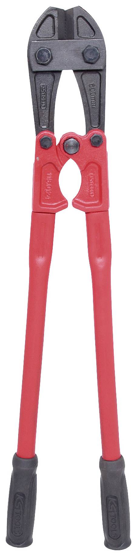 Bolzenschneider mit roten Griffen und schwarzen Schneidbacken. Geeignet zum Durchtrennen von dicken Metallen wie Ketten oder Stangen.
