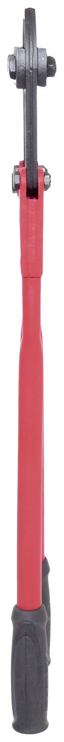 Roter Bolzenschneider mit schwarzem Griff, aufrecht stehend.