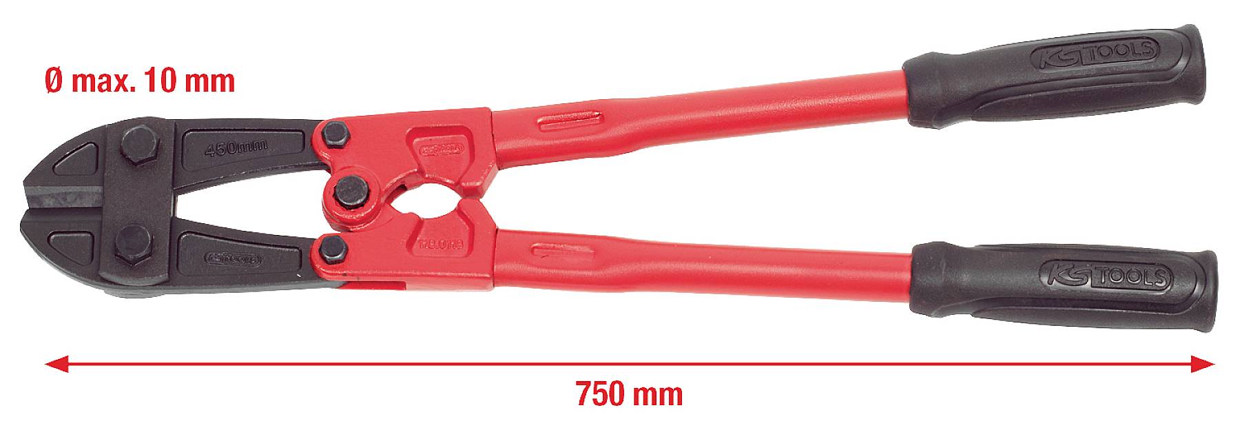Eine rote Bolzenschneiderzange mit schwarzem Griff, Länge 750 mm, geeignet zum Schneiden von maximal 10 mm starken Materialien.
