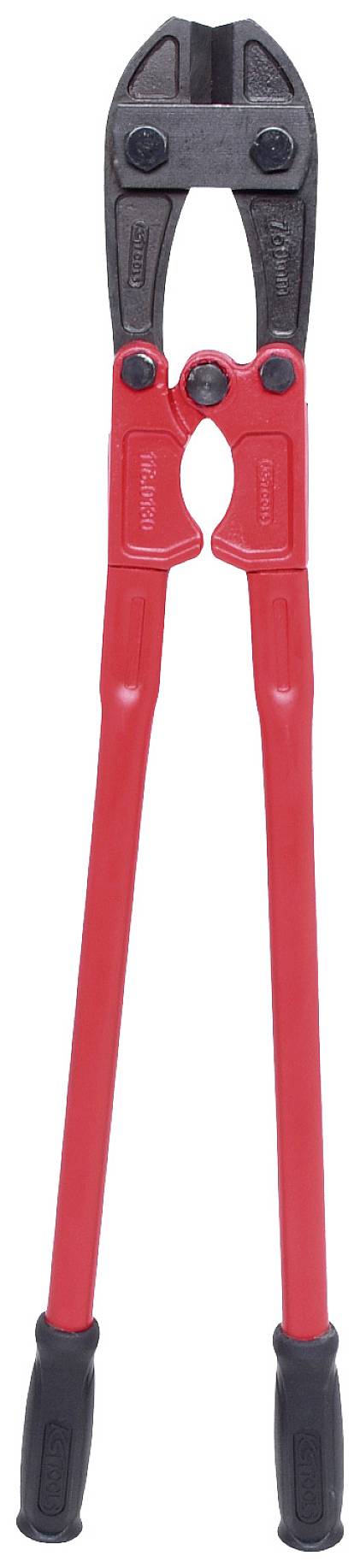 Roter Bolzenschneider mit schwarzen Griffen und Schneidezange, stehend in vertikaler Position.