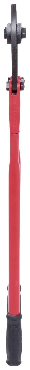 Ein rotes Werkzeug, vermutlich ein Bolzenschneider, mit schwarzen Griffen und Schneidkopf, genutzt zum Schneiden von Metallstangen.