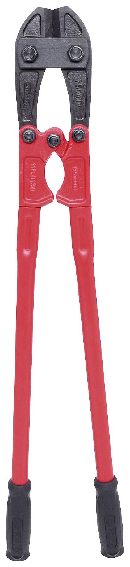 Eine rote Bolzenschneiderzange mit schwarzen Schneidbacken.