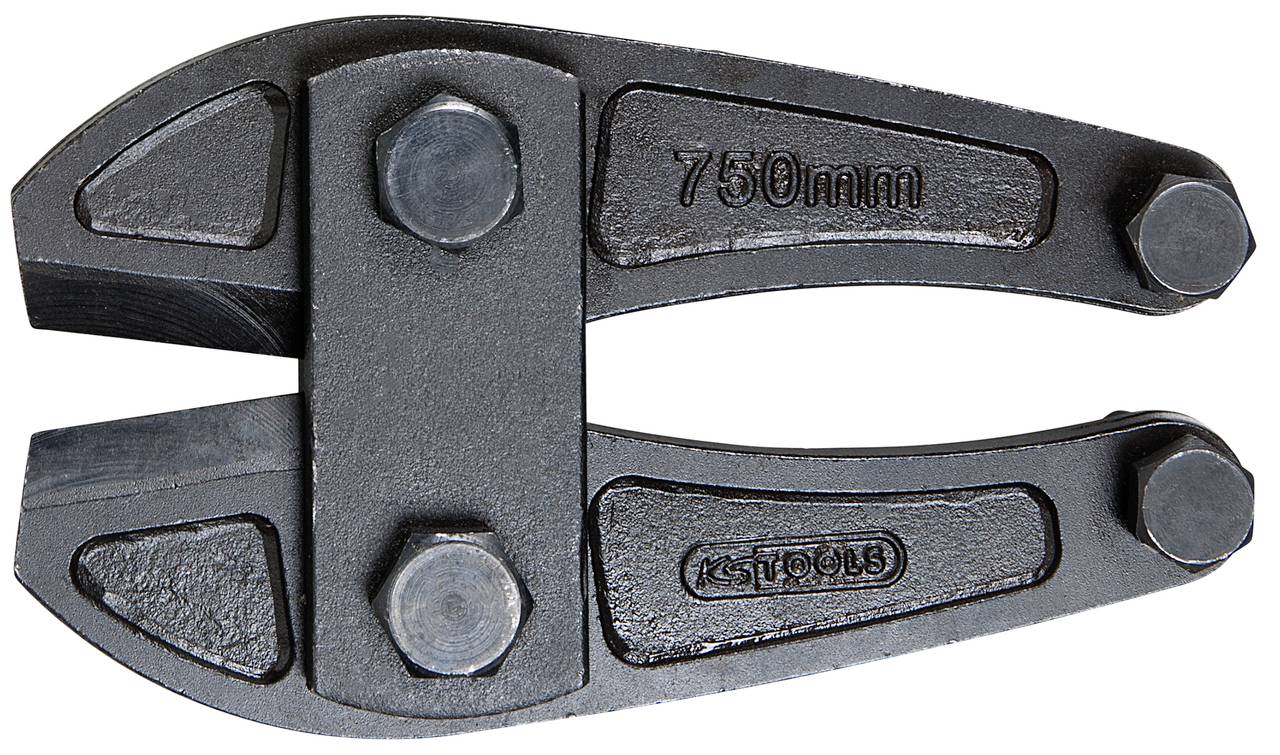 Nahaufnahme eines Bolzenschneidkopfes mit der Aufschrift '750 mm'. Zwei schwarze Backen aus Metall mit drei Schrauben verbunden.