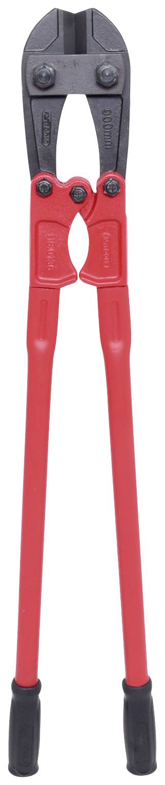 Ein großer, roter Bolzenschneider mit schwarzen Griffen und Backen. Geeignet zum Schneiden von starken Metallverbindungen oder Ketten.