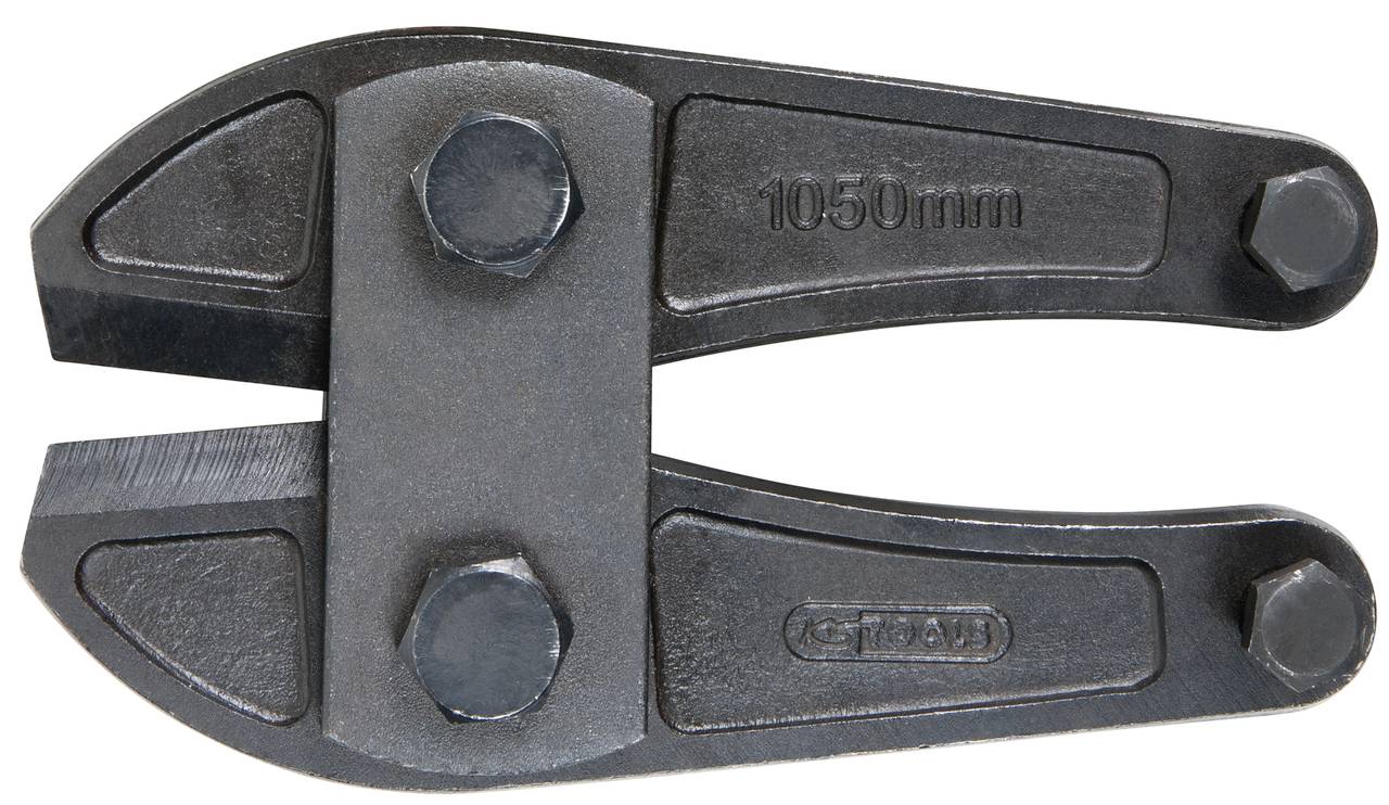 Nahaufnahme eines Bolzenschneiderkopfes aus Metall mit der Aufschrift '1050 mm'. Das Werkzeug hat zwei scharfe Klingen und Schrauben.