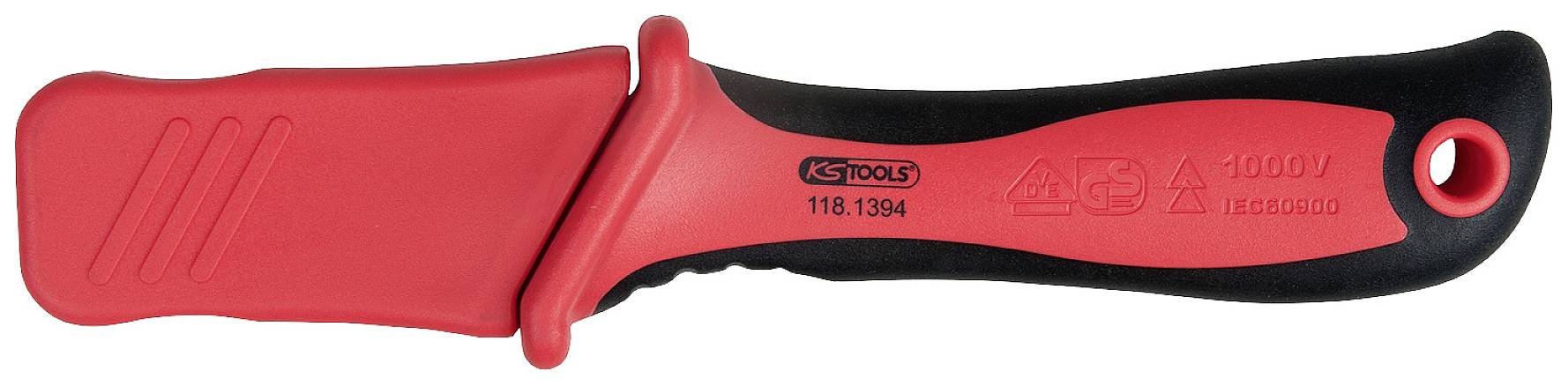 Isoliermesser mit rotem und schwarzem Griff, Teil eines Werkzeugsatzes, zur sicheren Entfernung von Isolierung an elektrischen Kabeln.