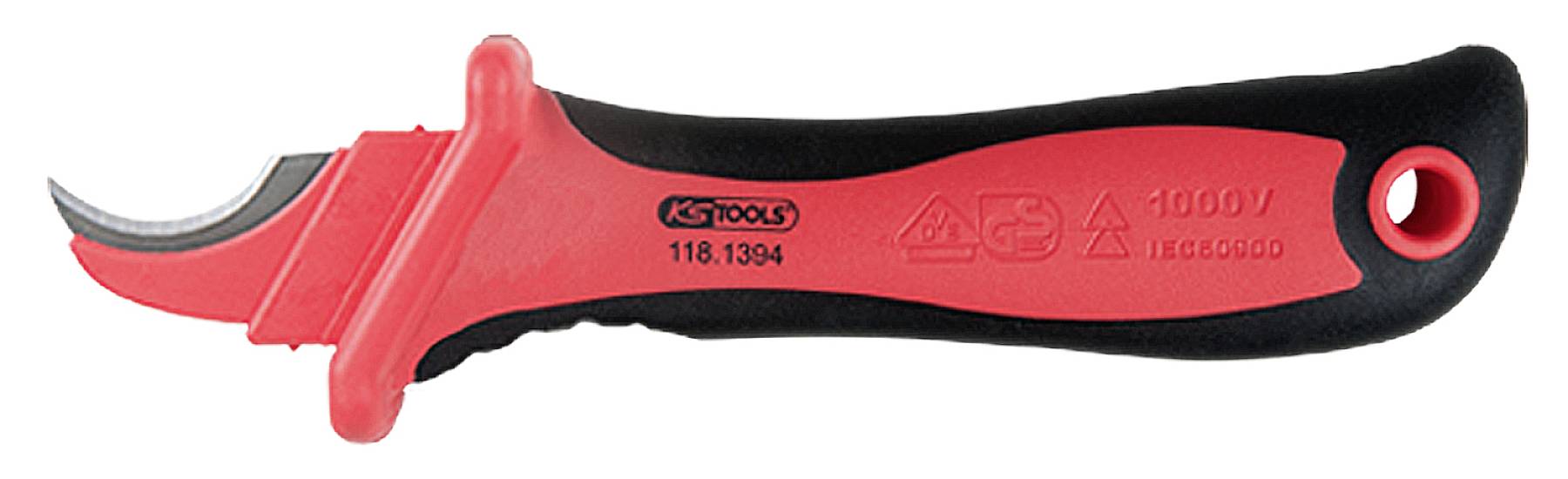 Ein Kabelmesser mit gebogener Klinge und rotem, isoliertem Griff. Geeignet für Arbeiten bis 1000 Volt. Markenaufschrift sichtbar.
