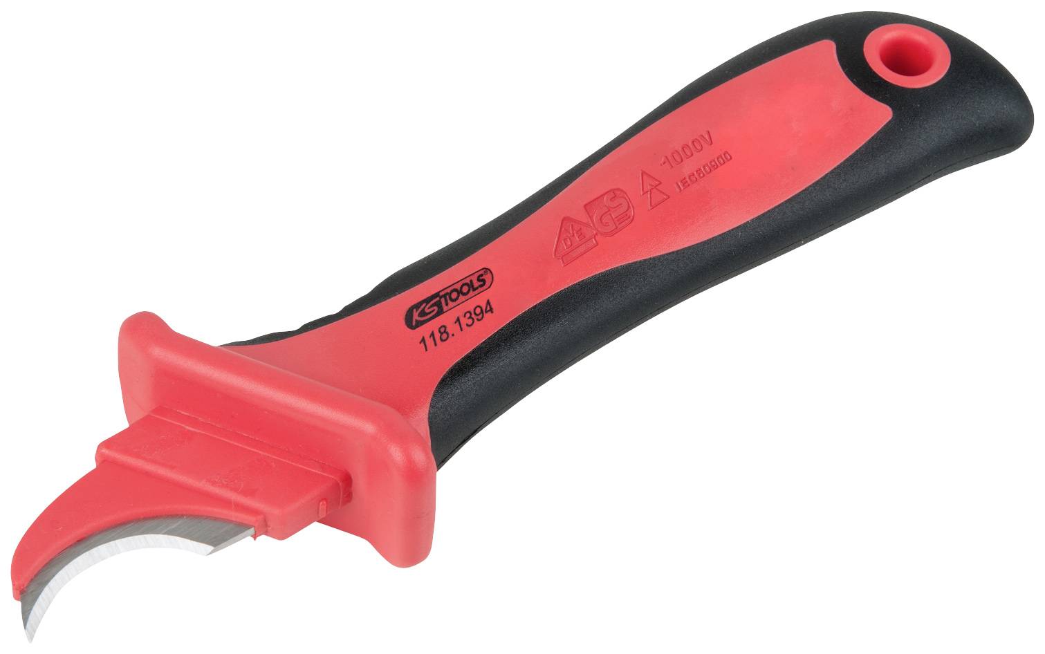 Ein ergonomisches Abisoliermesser mit rotem und schwarzem Griff, geeignet für das sichere Entfernen von Isolierungen an Kabeln.