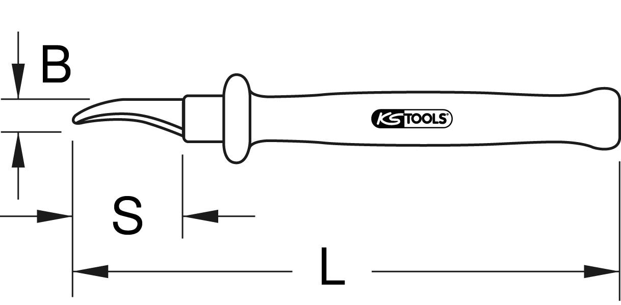 'KS Tools' Gerät mit gebogenem Ende, Maße B, S, L angegeben; Werkzeug zur präzisen Nutzung, ideal für spezifische Anwendungen.