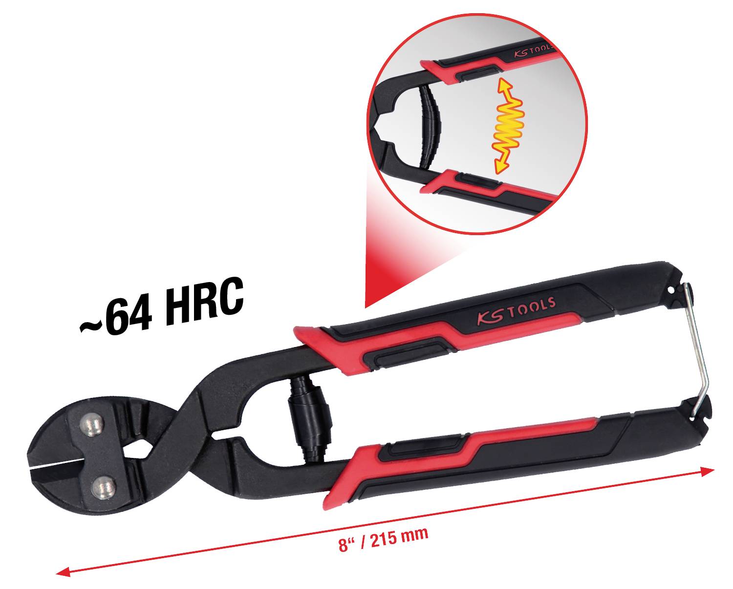 Eine Bolzenschneiderzange von KS Tools, HRC-Härte von ca. 64, Länge 8 Zoll (215 mm), mit Fokus auf Schneidbereich in Detailansicht.