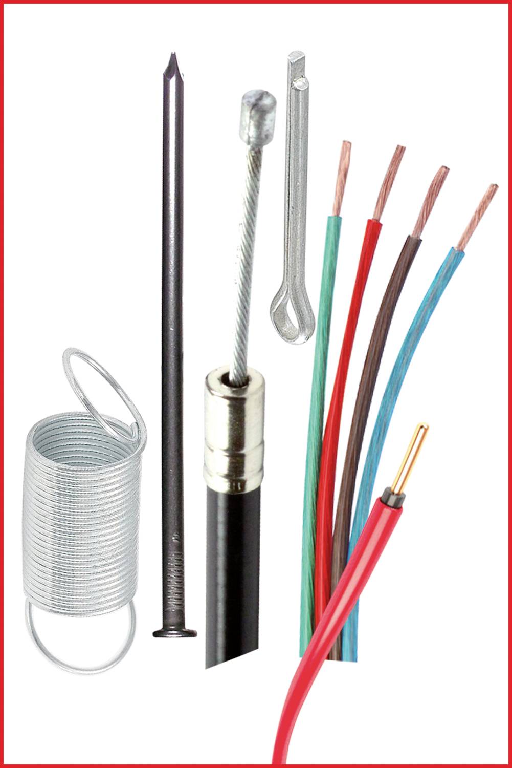 Diverse Kabel und Komponenten: Federspirale, Schraube, Stahlseil, vier abisolierte Drähte in verschiedenen Farben und ein rotes Kabel.