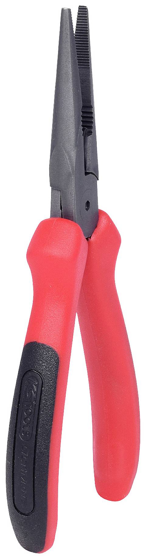 Rote Spitzzange mit schwarzen Griffen, aus Metall und Kunststoff, geeignet für präzise Greif- und Schneidarbeiten in Handwerk oder Heimwerken.