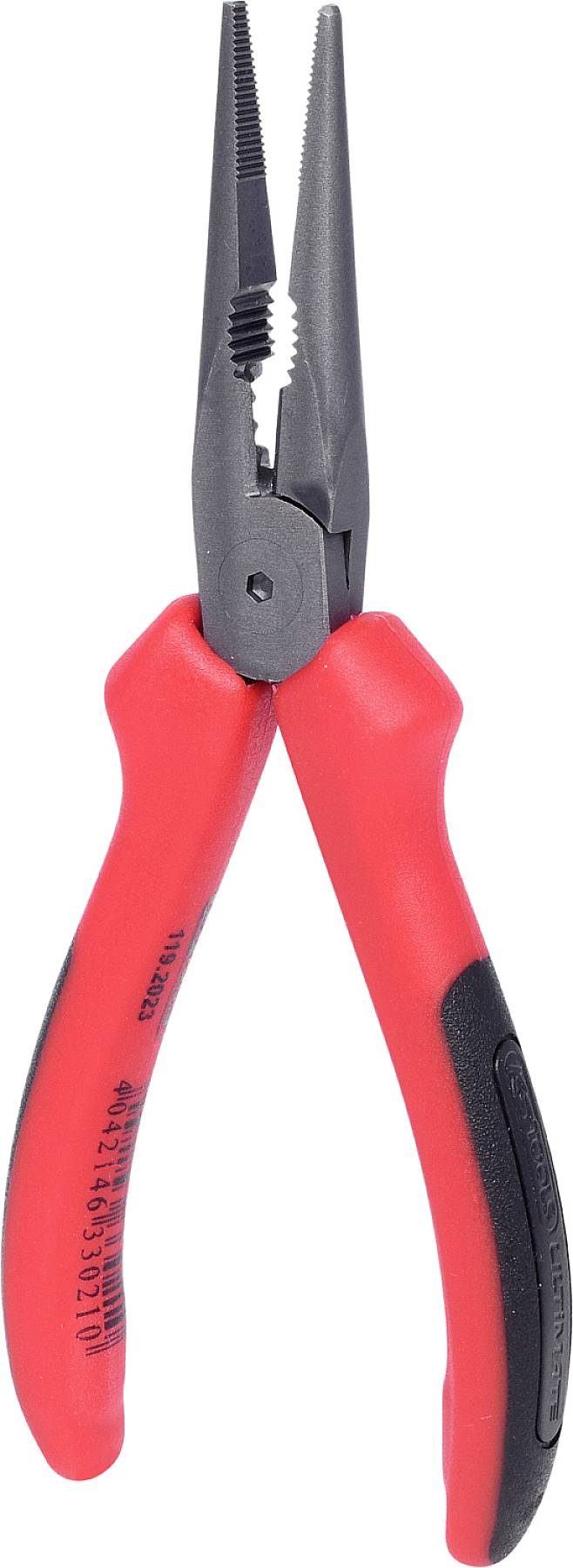 Eine rote Spitzzange mit schwarzer Spitze, geeignet für präzises Greifen und Schneiden kleiner Objekte.