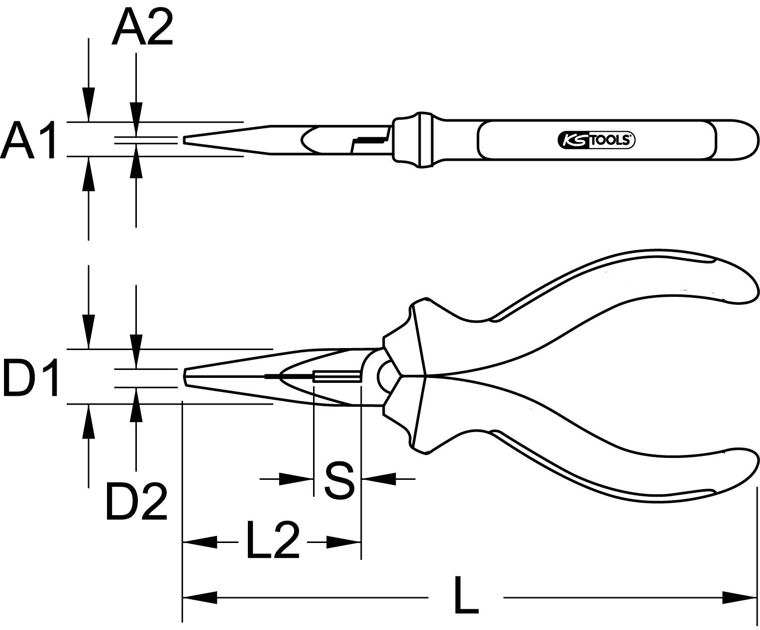 Abbildung zeigt zwei Werkzeuge: oben ein Präzisions-Schraubendreher von KS Tools mit Maßen A1 und A2, unten eine Zange mit Maßen D1, D2, L, L2 und S.