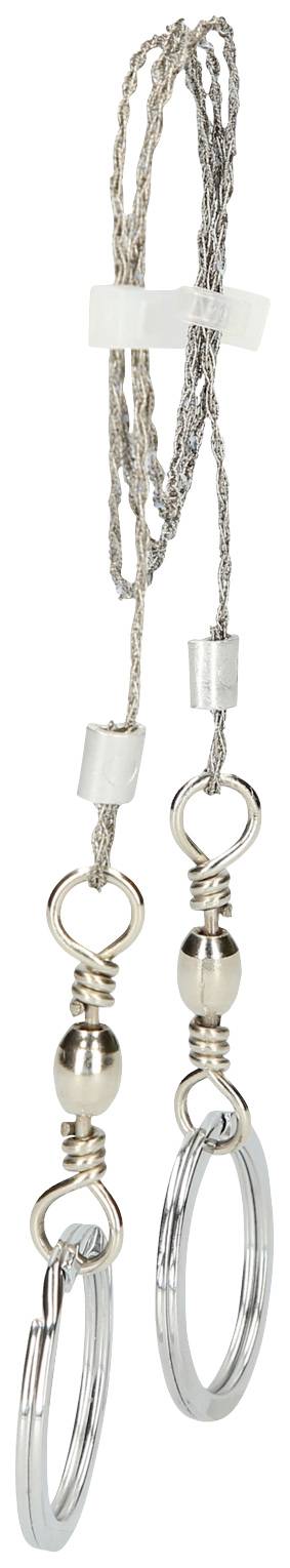 Ein silberner Schmuckanhänger mit zwei Ringen und dekorativen Metallperlen an einem feinen Kettenband.