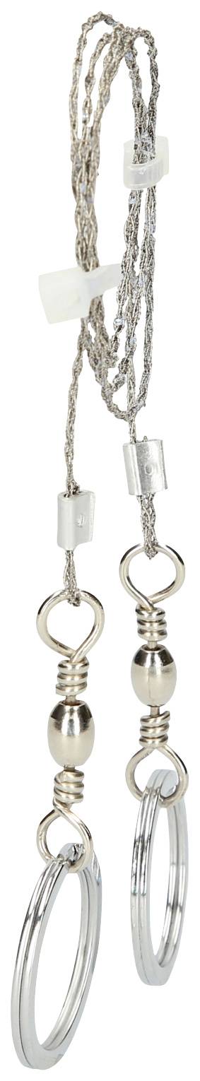 Eine elegante Silberkette mit zwei auffälligen Ringen an den Enden, verbunden durch dekorative Verschlüsse.
