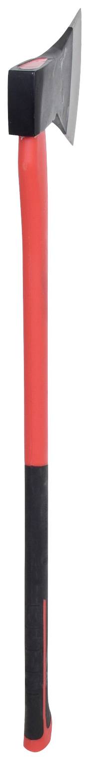 Rote Axt mit schwarzem Kopf und Griff, abgebildet in vertikaler Position vor weißem Hintergrund.
