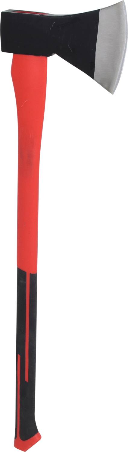 Rote Axt mit schwarzem Kopf, Metallklinge und langem Griff.