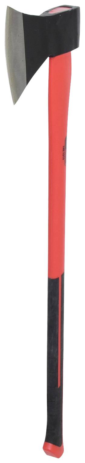 Axt mit rotem Griff und schwarzem Kopf, vertikal gesehen.