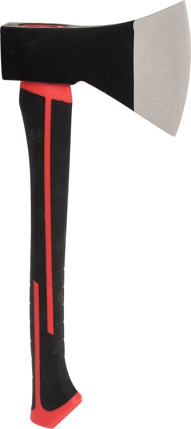 Schwarz-rote Axt mit einem schwarzen Griff und rotem Streifen, die scharf glänzende Schneide weist nach rechts.