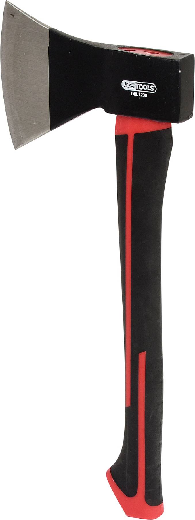 Eine schwarze und rote Axt mit ergonomischem Griff, geeignet für das Hacken von Holz, dargestellt vor einem weißen Hintergrund.