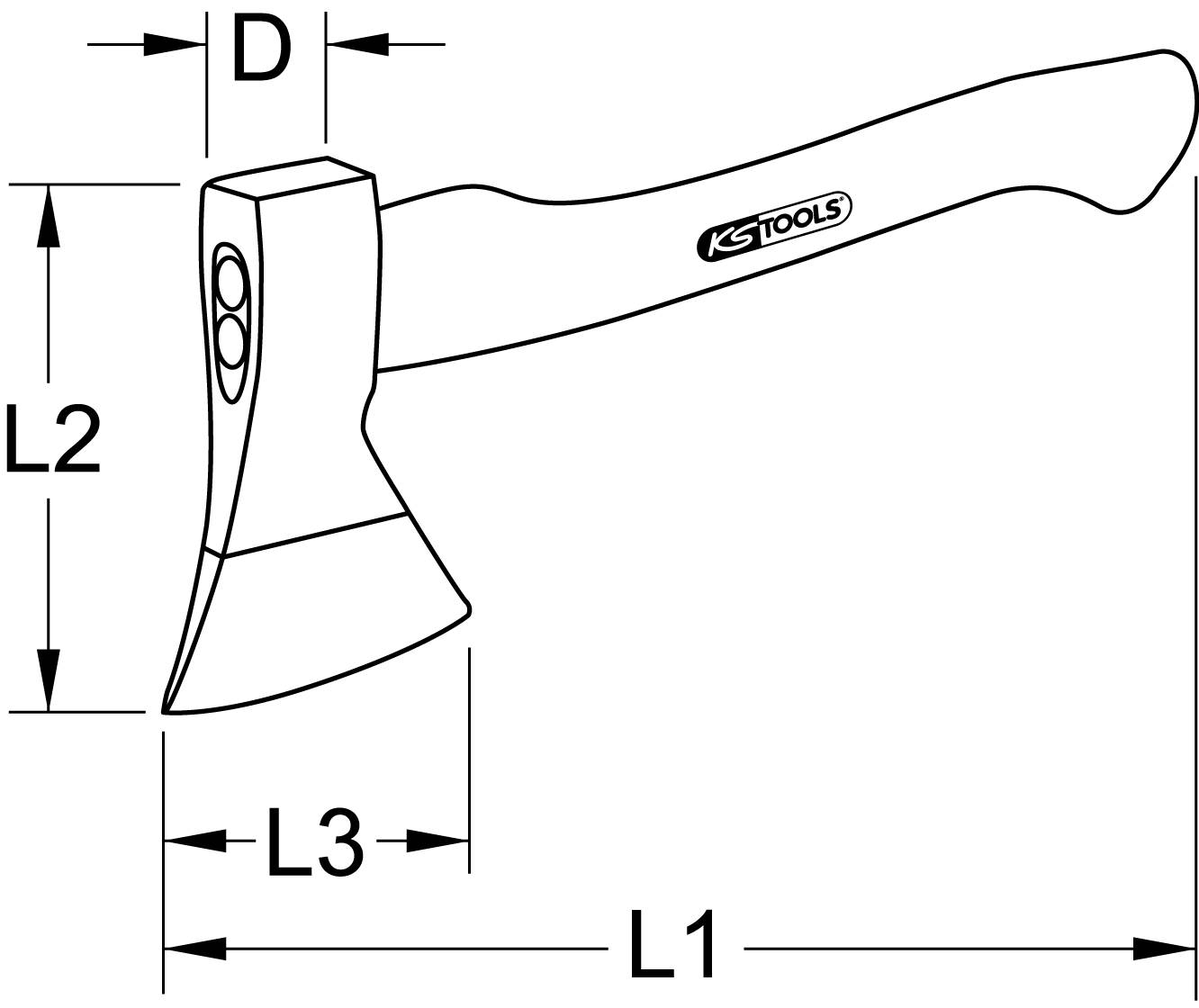 'KS Tools' Axt-Diagramm mit Maßen: L1 zeigt die Gesamtlänge des Griffs, L2 die Höhe des Axtkopfes, L3 die Breite der Klinge, D die Tiefe.