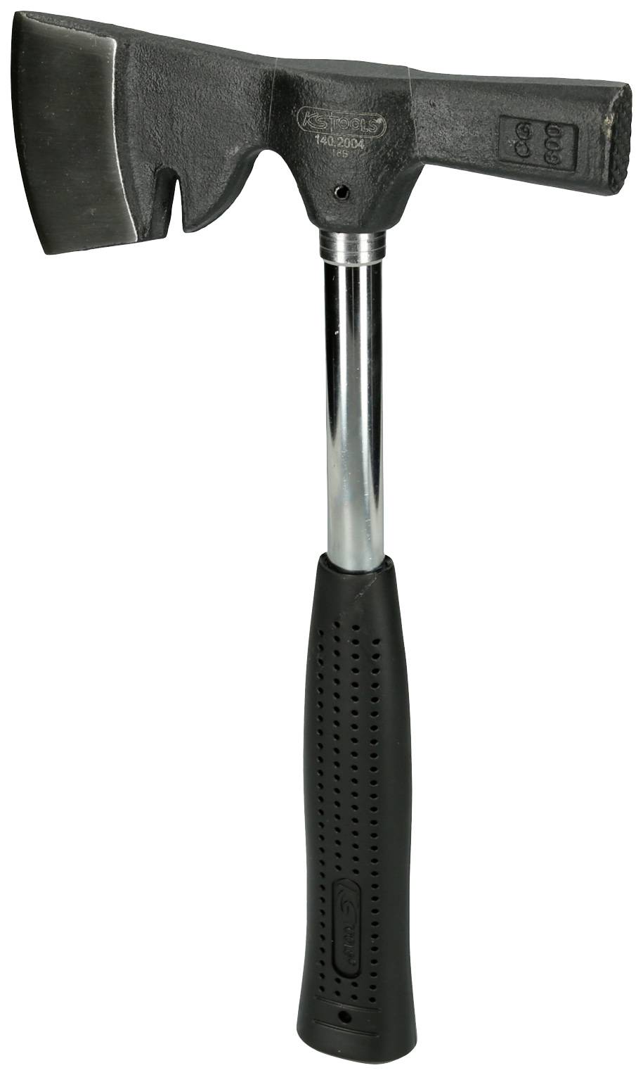 Ein Hammer mit schwarzem Gummigriff und einem massiven Metallkopf, der für Holzarbeiten oder zum Spalten von Holz verwendet wird.