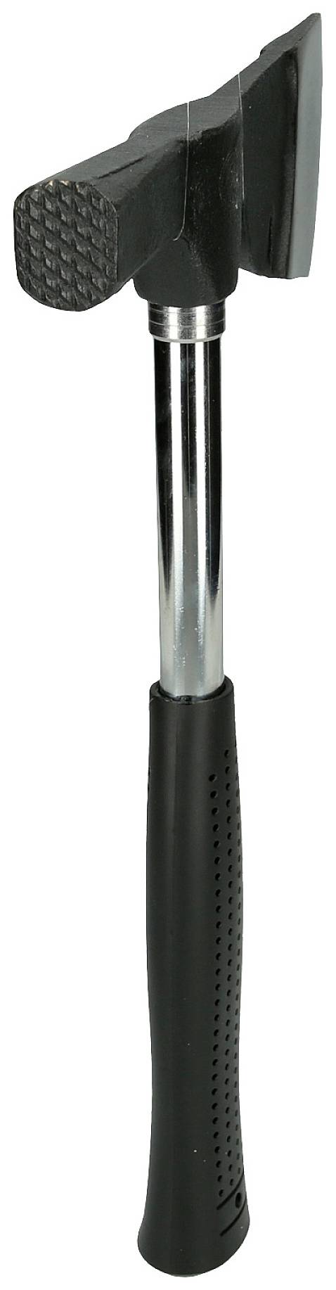 Ein schwarzer Hammer mit glänzendem Griff und geriffeltem Kopf, geeignet für schwere Arbeiten.