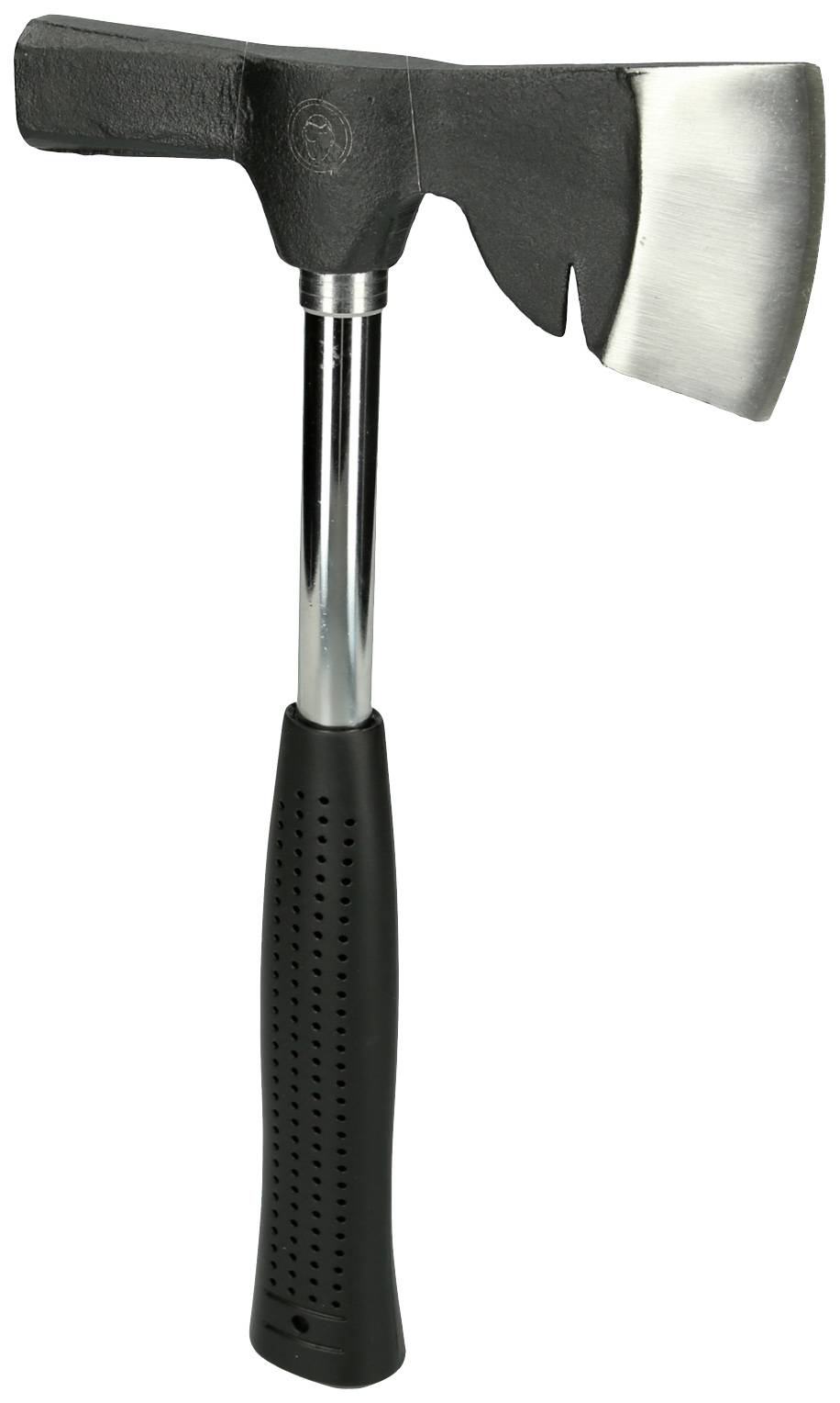 Eine Axt mit schwarzem Griff und glänzendem Kopf, geeignet für Holzarbeiten oder Outdoor-Aktivitäten.