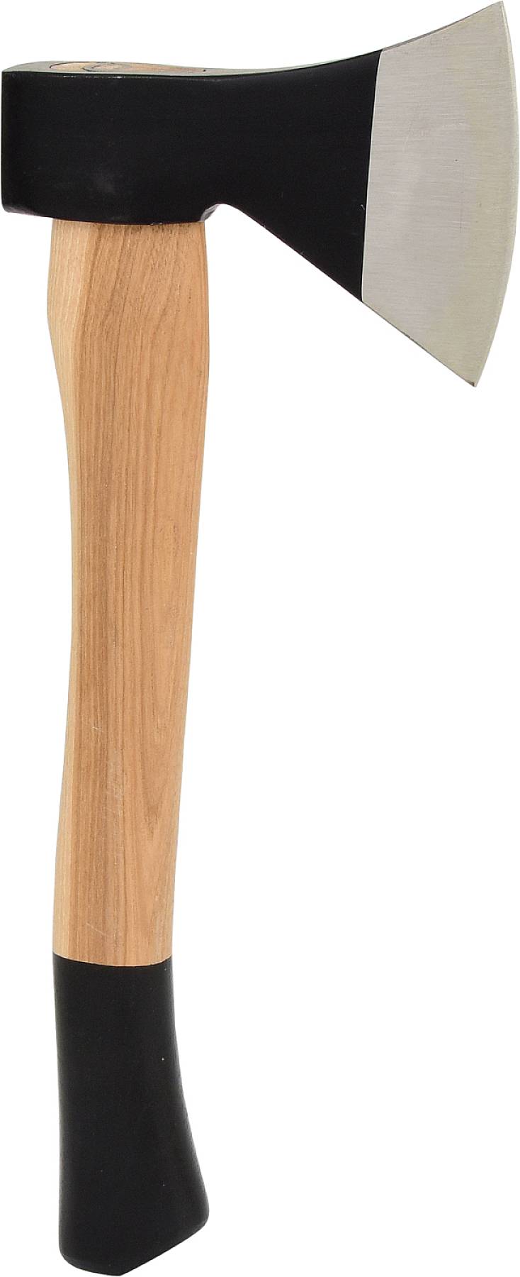 Holzaxt mit Holzgriff und scharfer Metallklinge, stehend.
