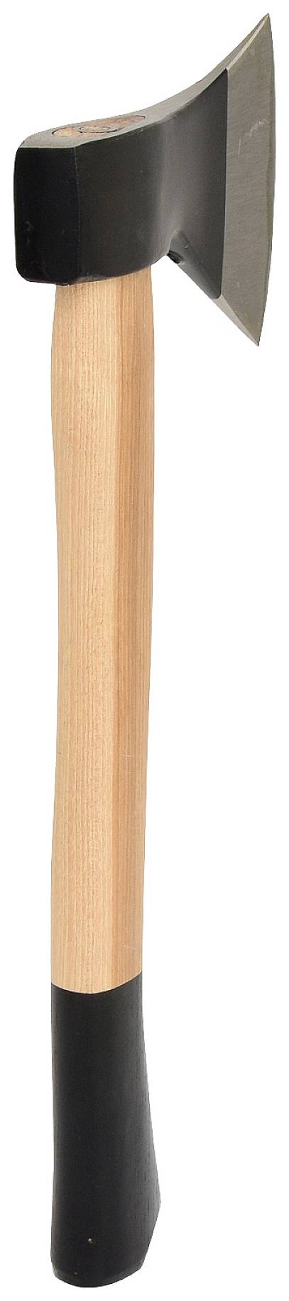 Ein Beil mit einem Holzgriff und schwarzem Kopf, stehend aufrecht.