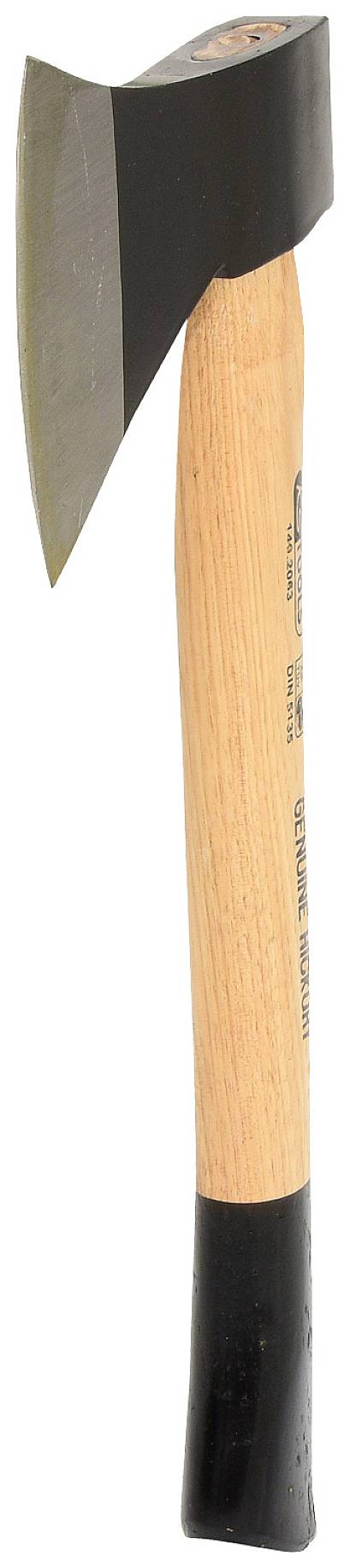 Holzaxt mit Holzgriff und geschwungener Metallklinge.