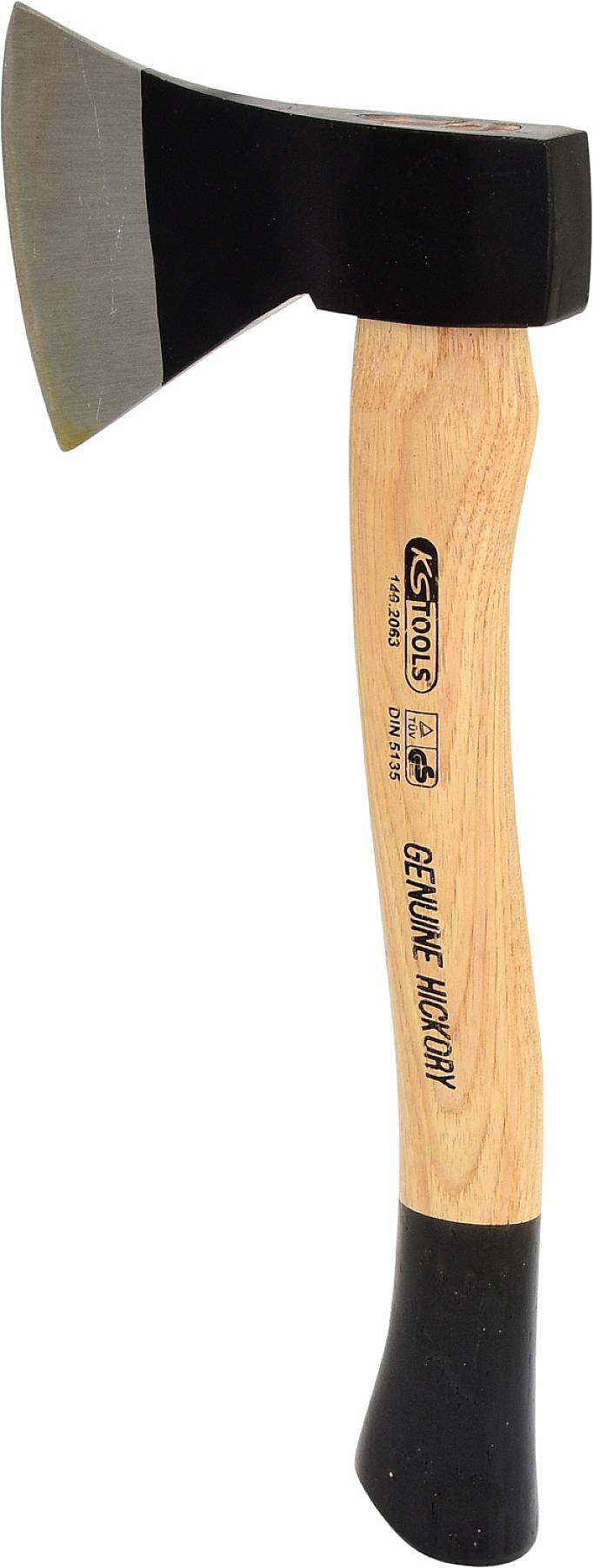 Eine Axt mit einem hölzernen Griff und schwarzem Kopf. Der Griff trägt die Aufschrift 'Genuine Hickory'.