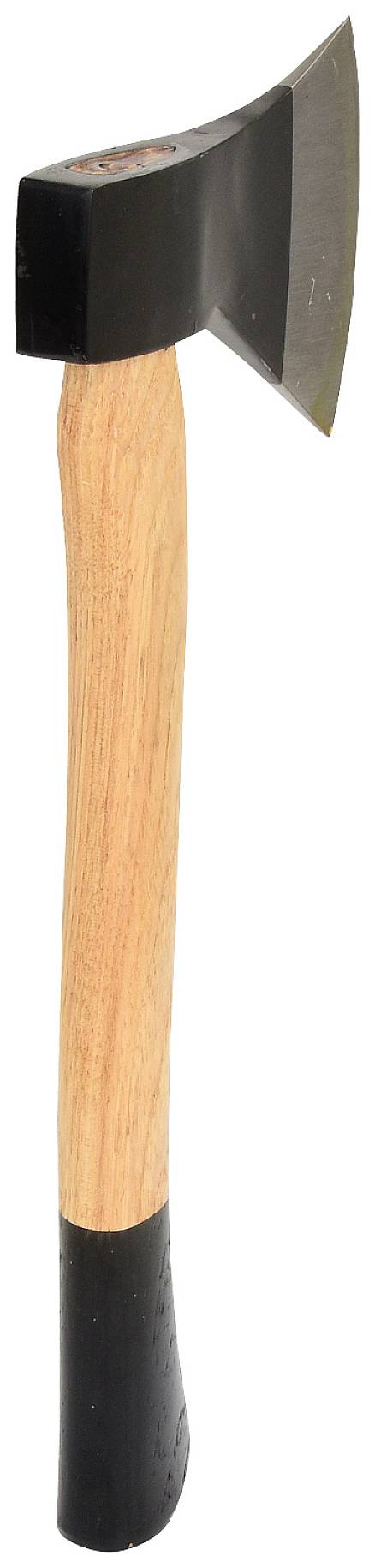 Axt mit hellem, hölzernem Griff und schwarzem Kopf, aufrecht stehend.