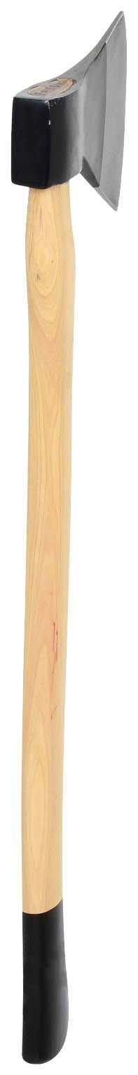 Holzaxt mit langem Holzgriff und schwarzem Axtkopf, aufrecht stehend.