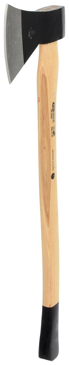 Holzaxt mit hölzernem Griff und schwarzem Metallkopf.
