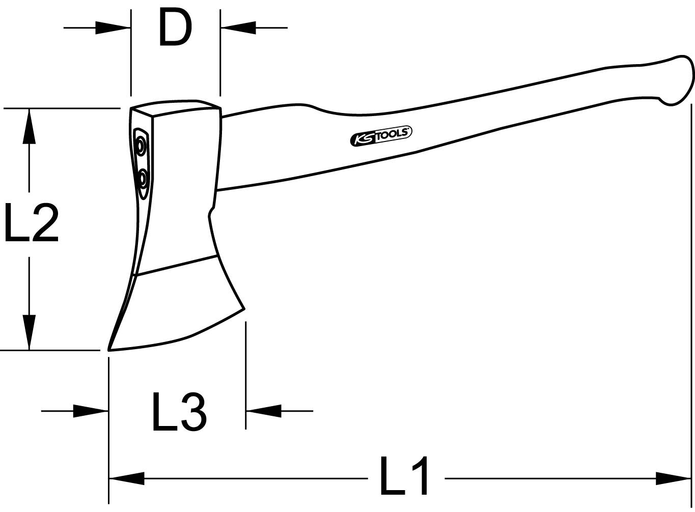 Eine Zeichnung einer Axt mit den markierten Maßen: Gesamtlänge (L1), Klingenlänge (L2), Klingenbreite (L3) und Stieldicke (D).