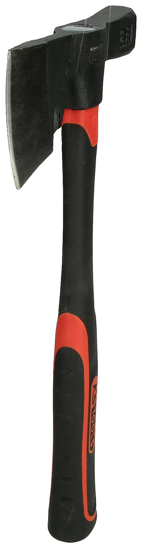Eine einzelne Axt mit schwarzem Kopf und orangem Griff, aus Metall und Kunststoff, abgebildet gegen einen weißen Hintergrund.
