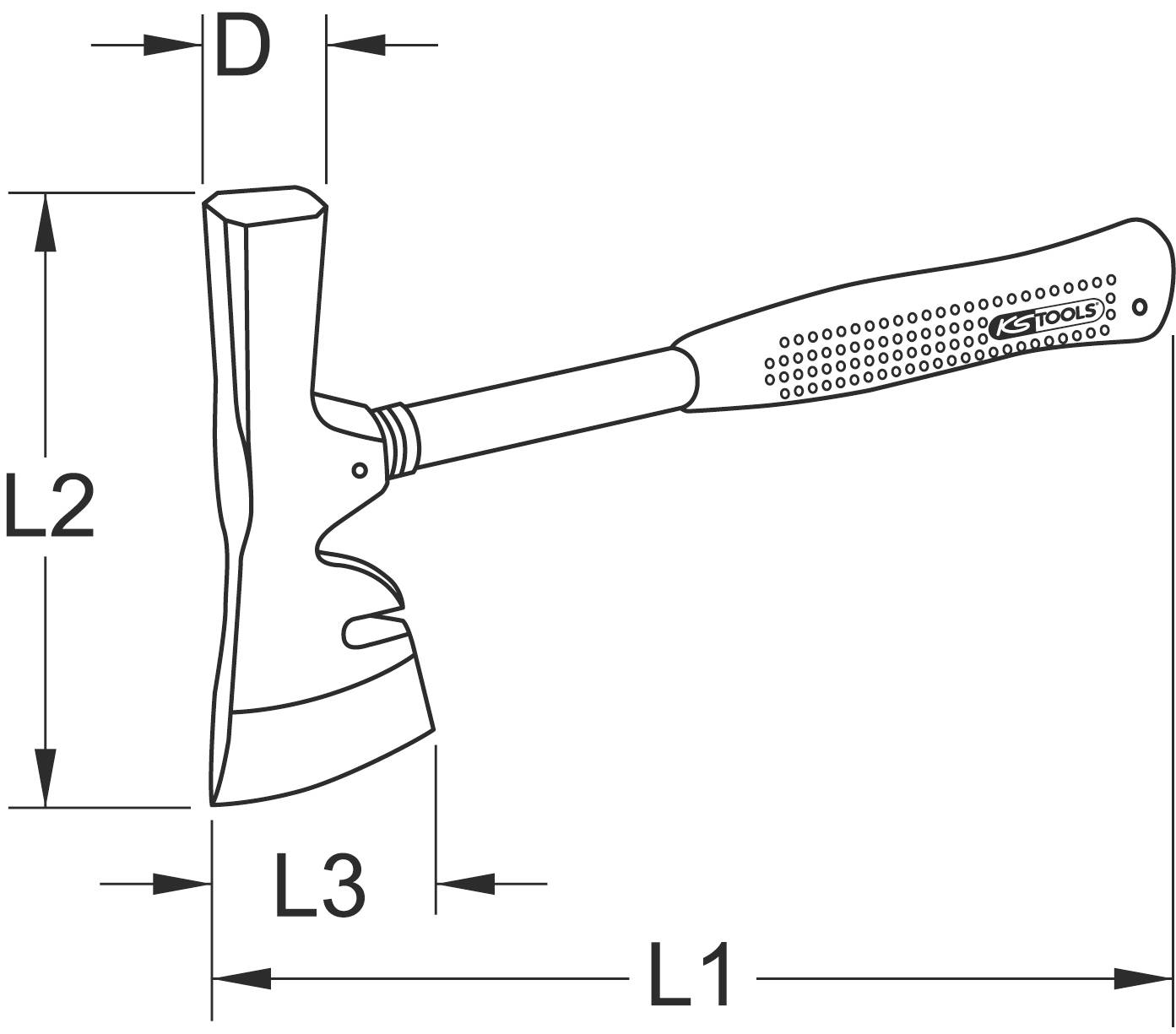 Diagramm einer Axt mit Beschriftungen: L1 für Griff, L2 für Höhe des Axtkopfs, L3 für Axtkopflänge, D für Dicke des Axtkopfs.