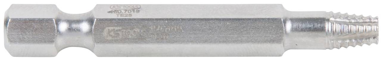 Ein silbernes Metallwerkzeug mit sechseckiger Form und geriffeltem Ende. Möglicherweise für handwerkliche oder technische Anwendungen.