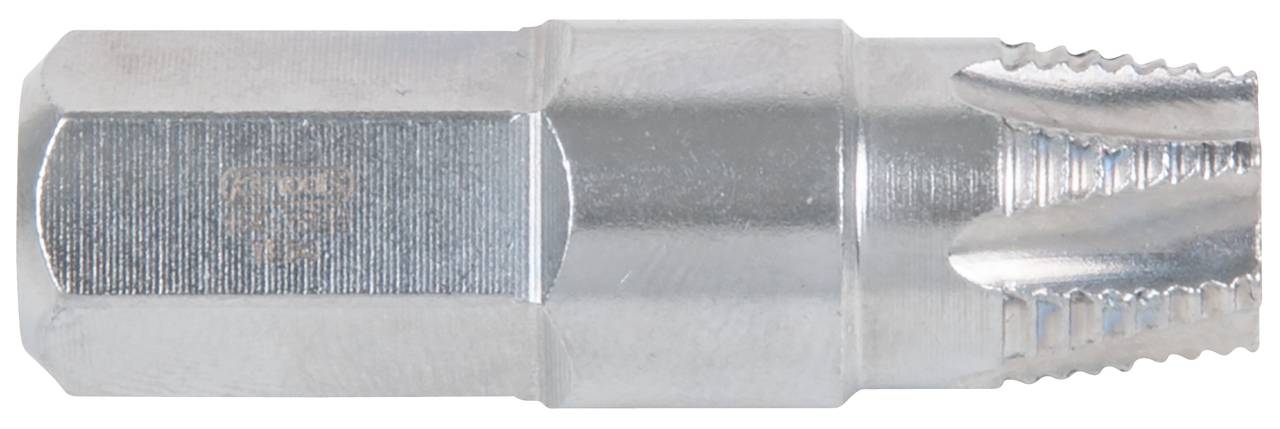 Ein metallener Gewindebohrer mit sechsseitiger Schaft, geriffeltem Gewinde und glänzender Oberfläche, geeignet zum Gewindeschneiden.