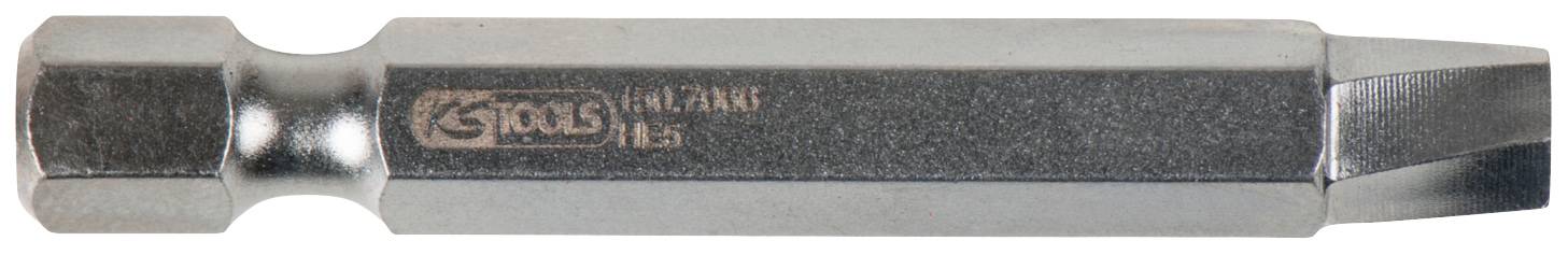 Ein Bit-Schraubendreheraufsatz aus Metall mit sechseckiger Basis und flachem Schlitzkopf. Geeignet für handgeführte Bohrmaschinen.