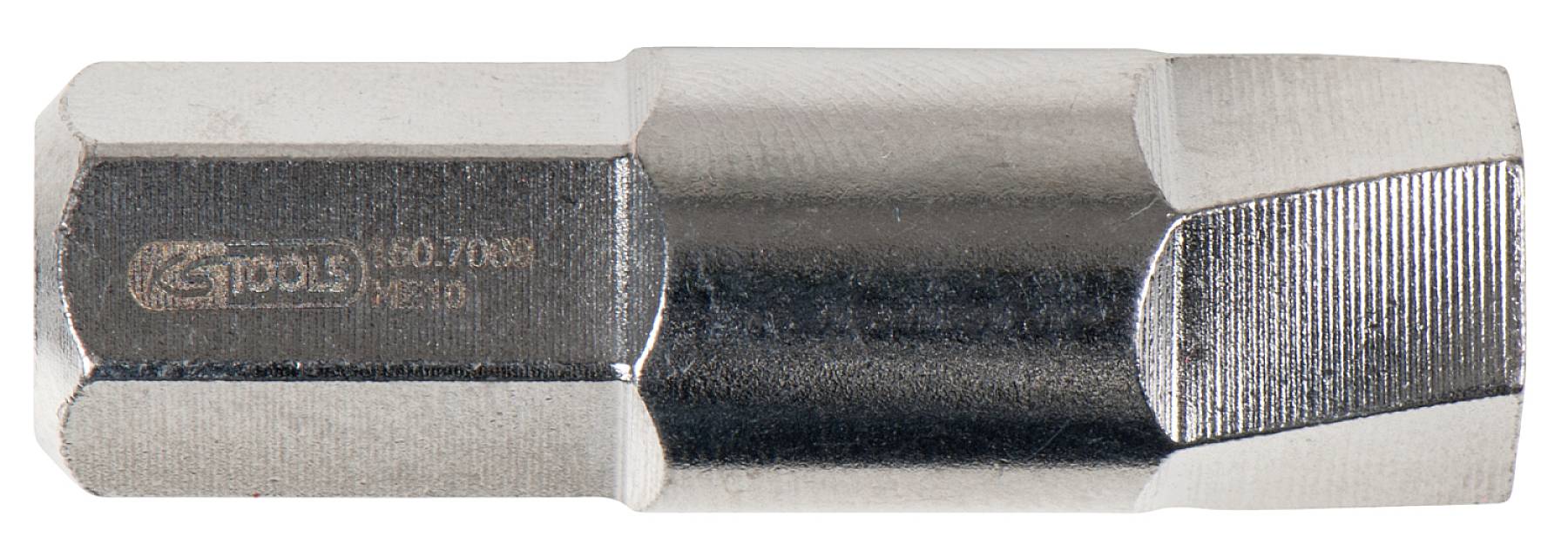 Ein silbernes Metallwerkzeug mit sechseckiger Form und geriffelter Oberfläche. Aufschrift 'GEDORE 60.70 017'.