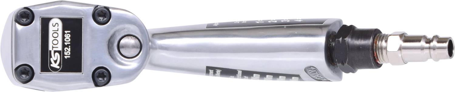 Winkelschrauber mit Luftanschluss, silber, von 'KS Tools'. Werkzeugkopf mit charakteristischem Logo. Für Mechanikerarbeiten geeignet.