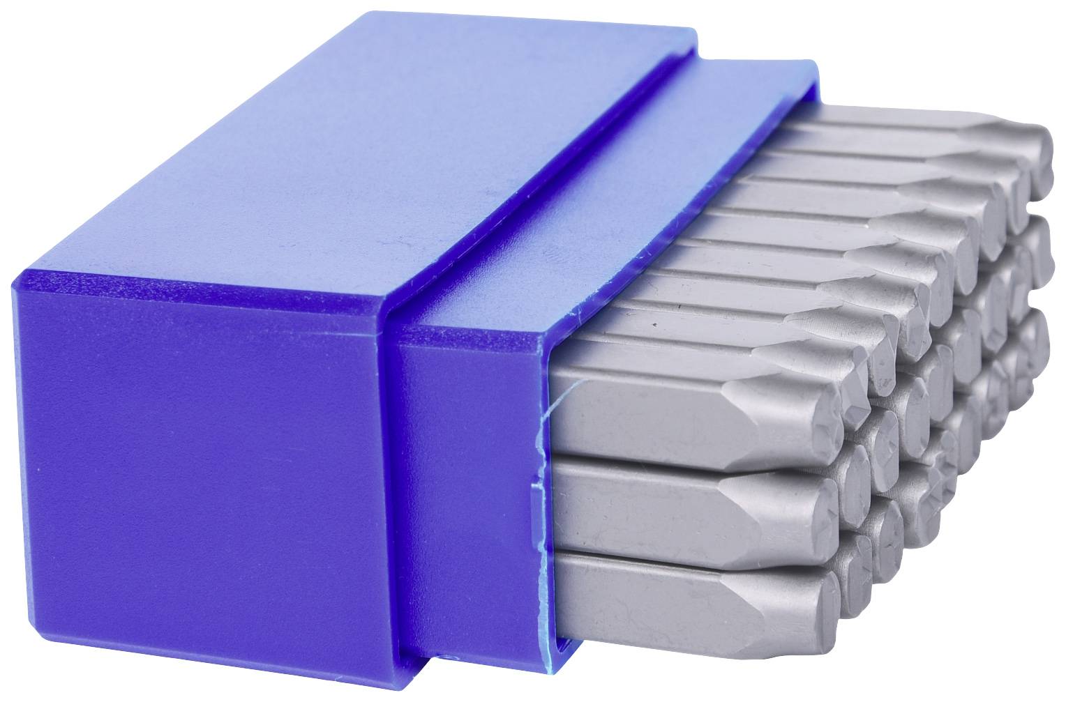 Ein blaues Etui mit 12 silbernen Metallschraubendrehern, ordentlich aufgereiht.