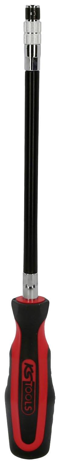 Roter und schwarzer Schraubendreher mit langem, flexiblem Schaft und silberner Spitze, geeignet für schwer zugängliche Stellen.