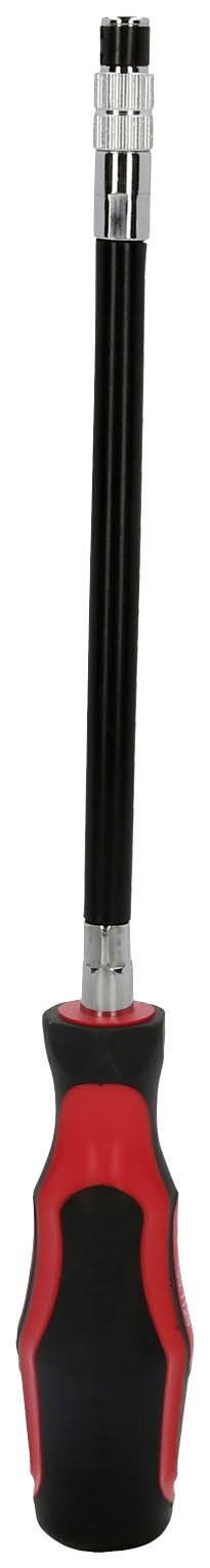 Schraubendreher mit langem, flexiblem Schaft und rotem, ergonomischem Griff, geeignet für schwer erreichbare Stellen.
