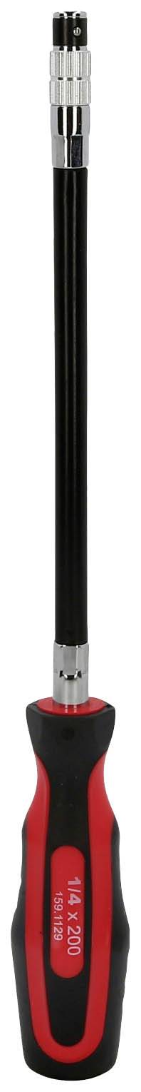 Ein schwarzer Schraubendreher mit rotem Griff und langem, flexiblem Schaft.