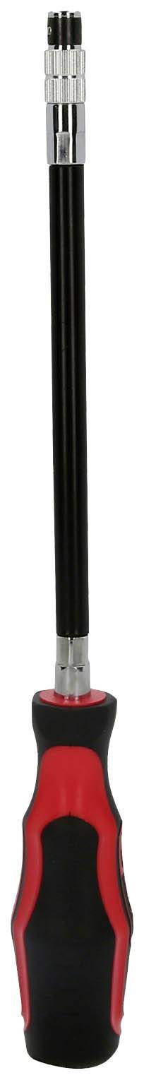 Ein rot-schwarzer Schraubendreher mit langem, einstellbarem Schaft und einem ergonomischen Griff für verbesserte Handhabung.