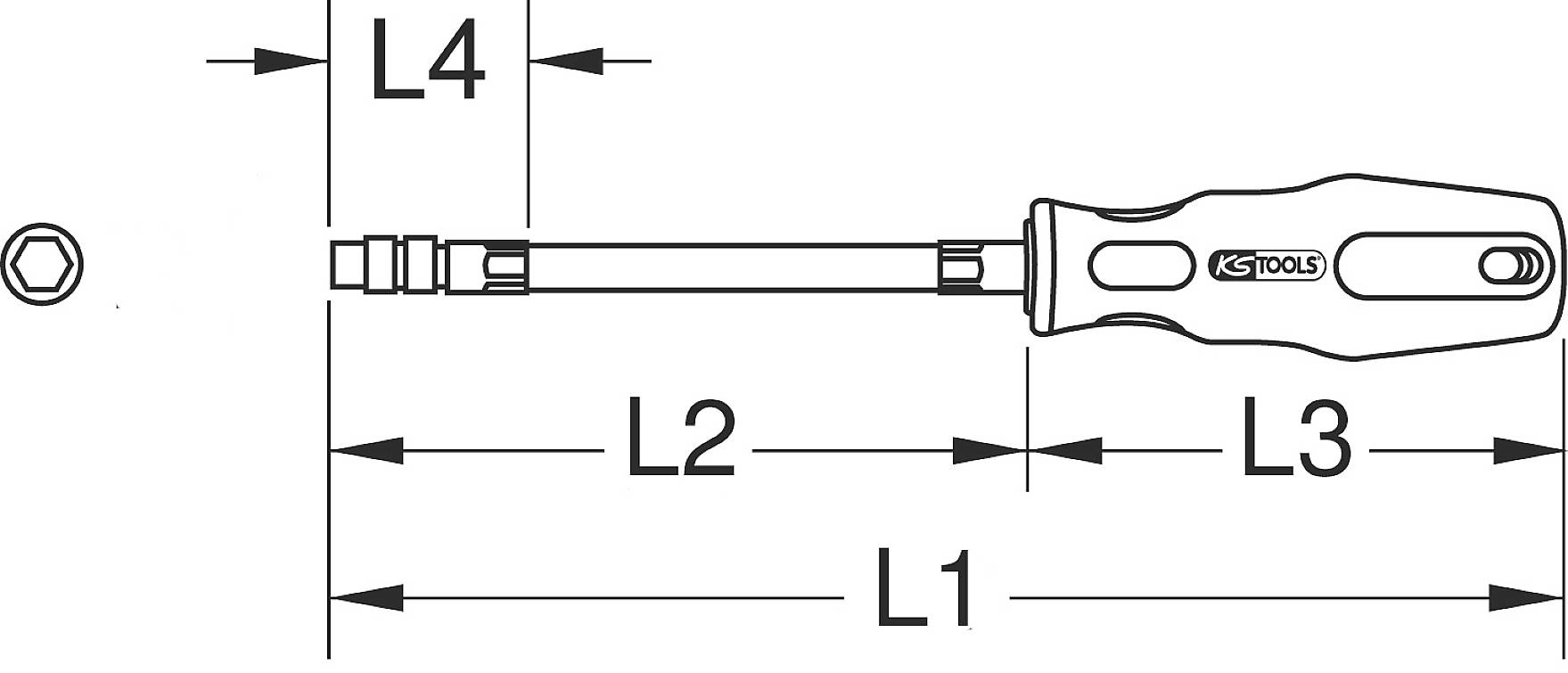 Abbildung eines Schraubendrehers mit Maßen L1, L2, L3 und L4. Hexagonale Spitze links. Werkzeug von KS Tools.